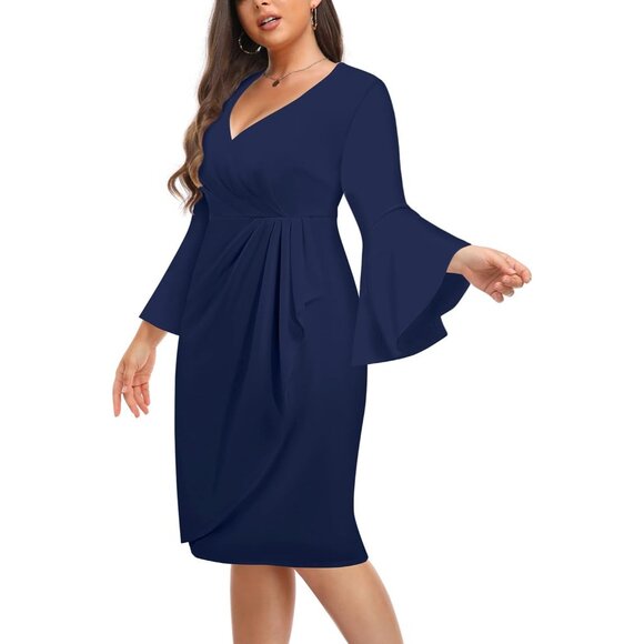 Plus Size Work Dress Polyester Blend V Neck Bell Sleeves Knee Length - Picture 3 of 5